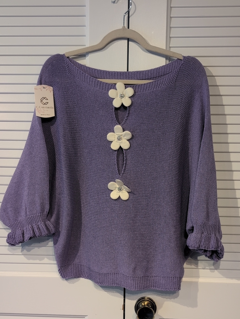 C. Constantia Made In Italy Lavender Knit Sweater with Floral Accent NWT - Picture 2 of 6